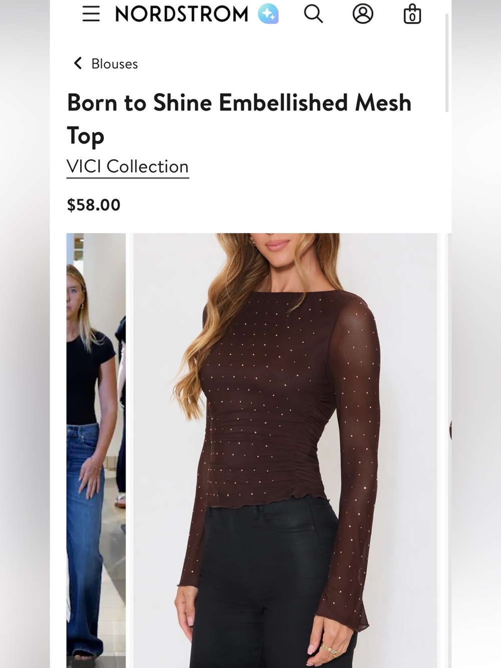 Vici Brown Embellished Sheer Mesh Long-Sleeve Top